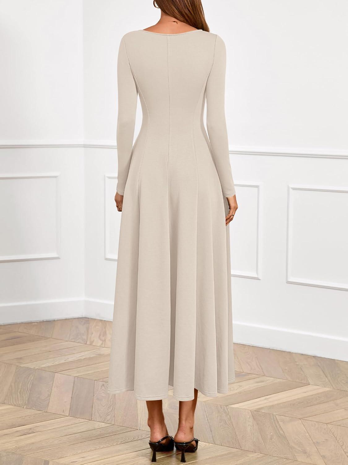 imageBTFBM Fall Dresses for Women 2025 Trendy Boat Neck Long Sleeve A Line Flowy Knit Loose Casual Elegant Party Maxi DressBeige