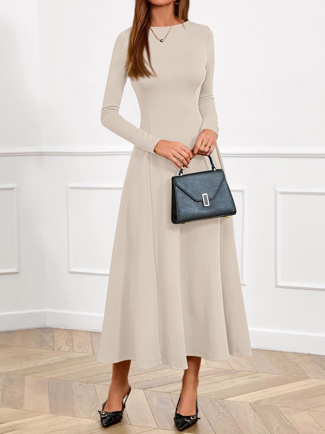 imageBTFBM Fall Dresses for Women 2025 Trendy Boat Neck Long Sleeve A Line Flowy Knit Loose Casual Elegant Party Maxi DressBeige