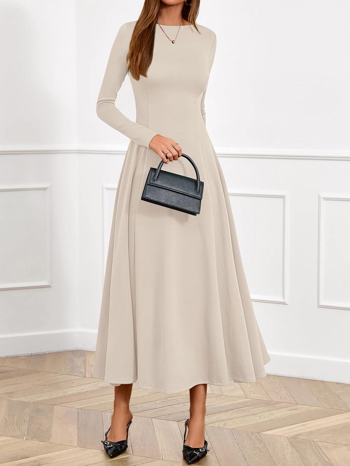 imageBTFBM Fall Dresses for Women 2025 Trendy Boat Neck Long Sleeve A Line Flowy Knit Loose Casual Elegant Party Maxi DressBeige
