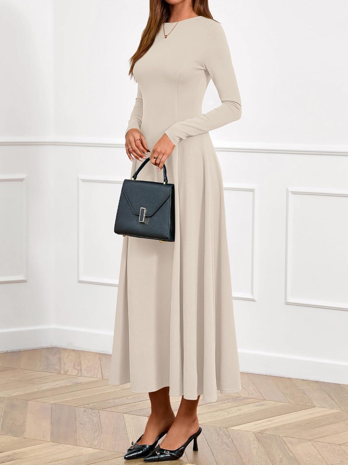 imageBTFBM Fall Dresses for Women 2025 Trendy Boat Neck Long Sleeve A Line Flowy Knit Loose Casual Elegant Party Maxi DressBeige