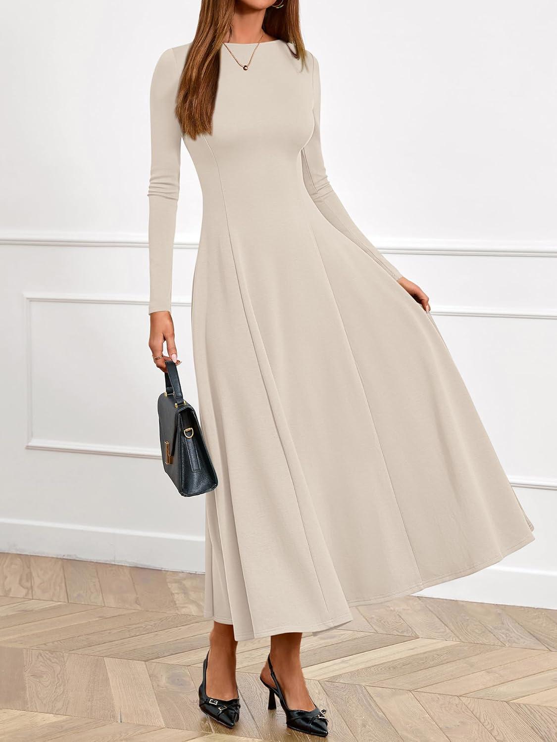imageBTFBM Fall Dresses for Women 2025 Trendy Boat Neck Long Sleeve A Line Flowy Knit Loose Casual Elegant Party Maxi DressBeige