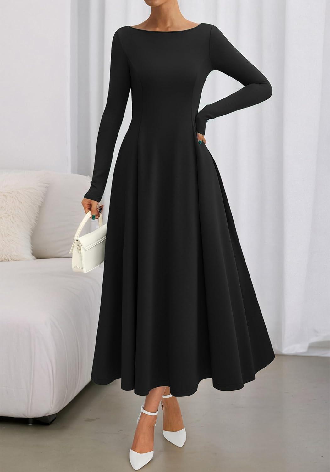 imageBTFBM Fall Dresses for Women 2025 Trendy Boat Neck Long Sleeve A Line Flowy Knit Loose Casual Elegant Party Maxi DressBlack