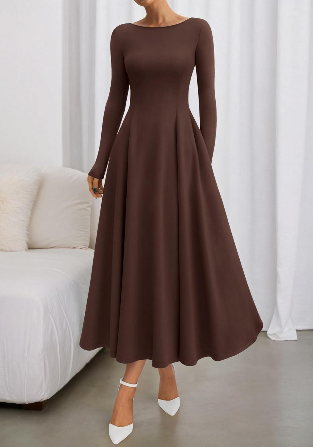 imageBTFBM Fall Dresses for Women 2025 Trendy Boat Neck Long Sleeve A Line Flowy Knit Loose Casual Elegant Party Maxi DressDark Brown