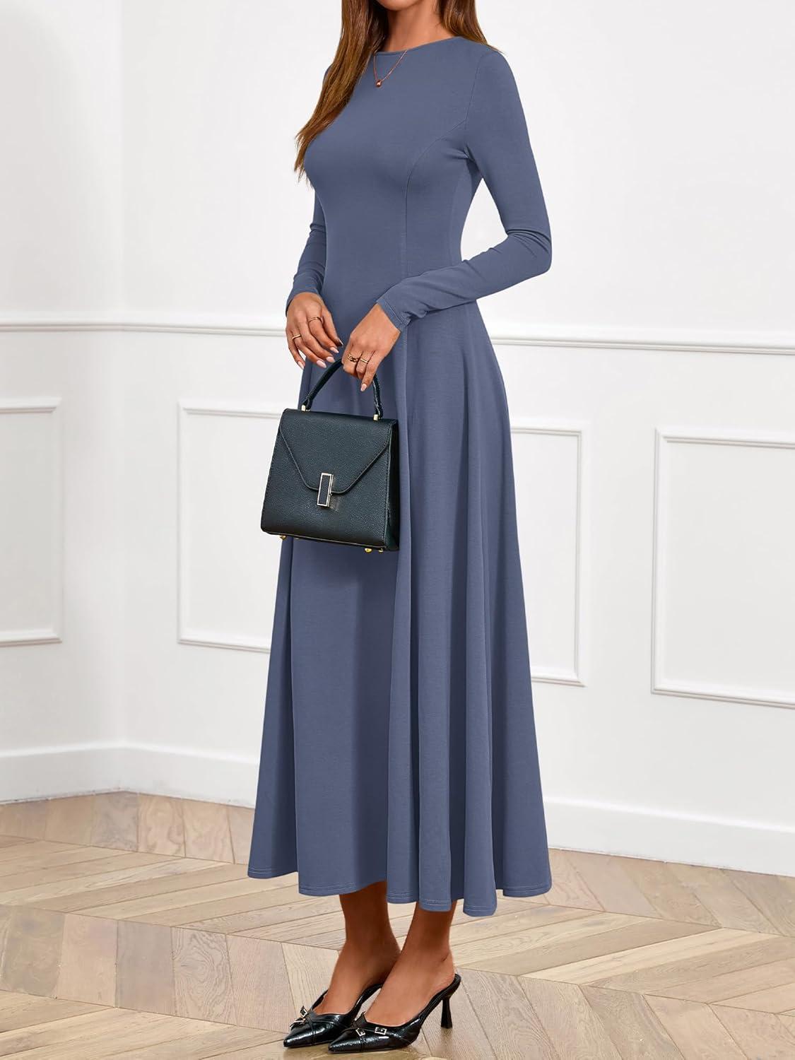 imageBTFBM Fall Dresses for Women 2025 Trendy Boat Neck Long Sleeve A Line Flowy Knit Loose Casual Elegant Party Maxi DressDusty Blue
