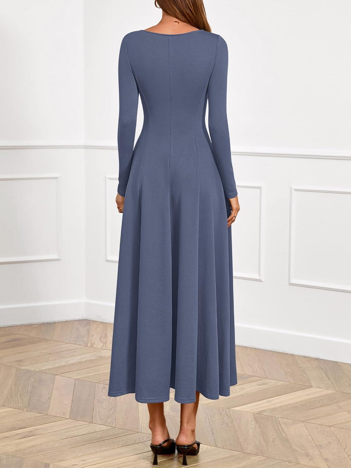 imageBTFBM Fall Dresses for Women 2025 Trendy Boat Neck Long Sleeve A Line Flowy Knit Loose Casual Elegant Party Maxi DressDusty Blue