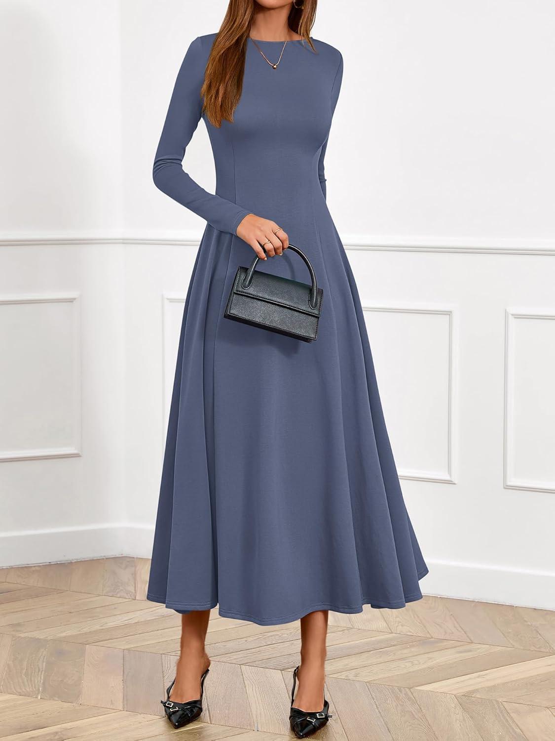 imageBTFBM Fall Dresses for Women 2025 Trendy Boat Neck Long Sleeve A Line Flowy Knit Loose Casual Elegant Party Maxi DressDusty Blue