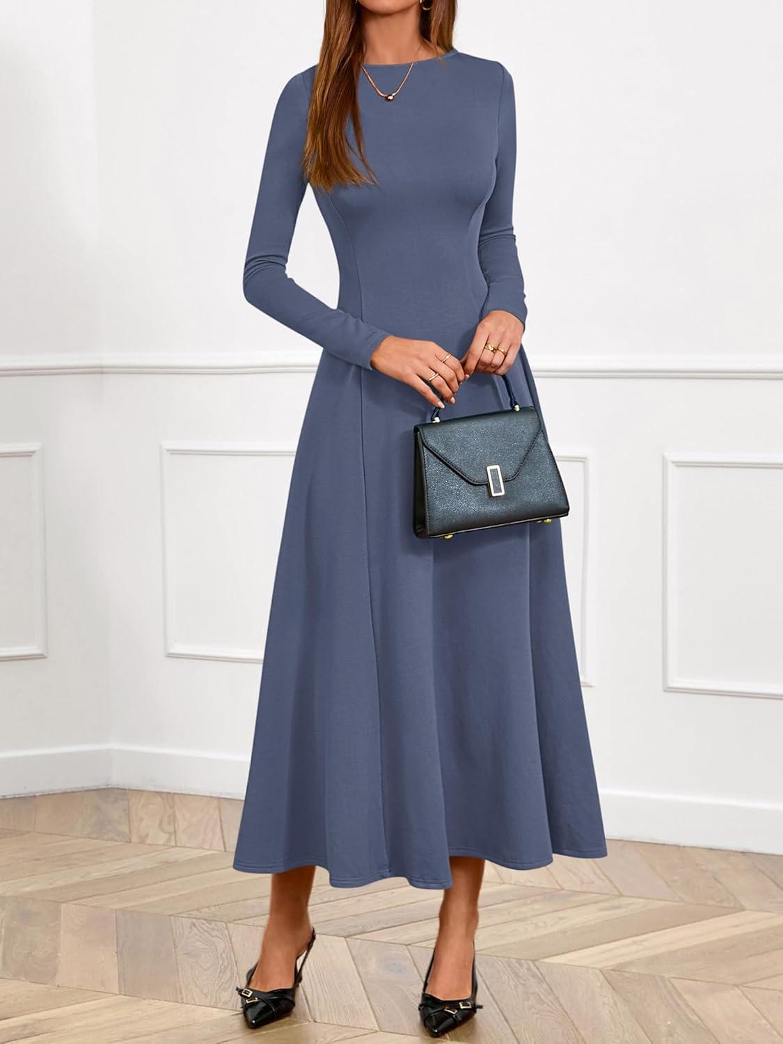 imageBTFBM Fall Dresses for Women 2025 Trendy Boat Neck Long Sleeve A Line Flowy Knit Loose Casual Elegant Party Maxi DressDusty Blue