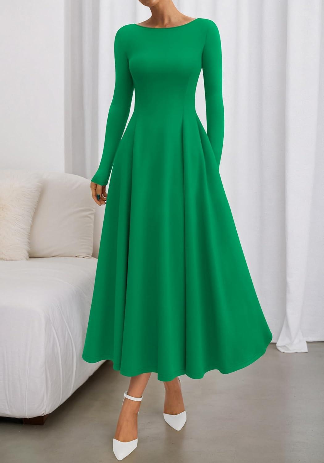 imageBTFBM Fall Dresses for Women 2025 Trendy Boat Neck Long Sleeve A Line Flowy Knit Loose Casual Elegant Party Maxi DressGreen
