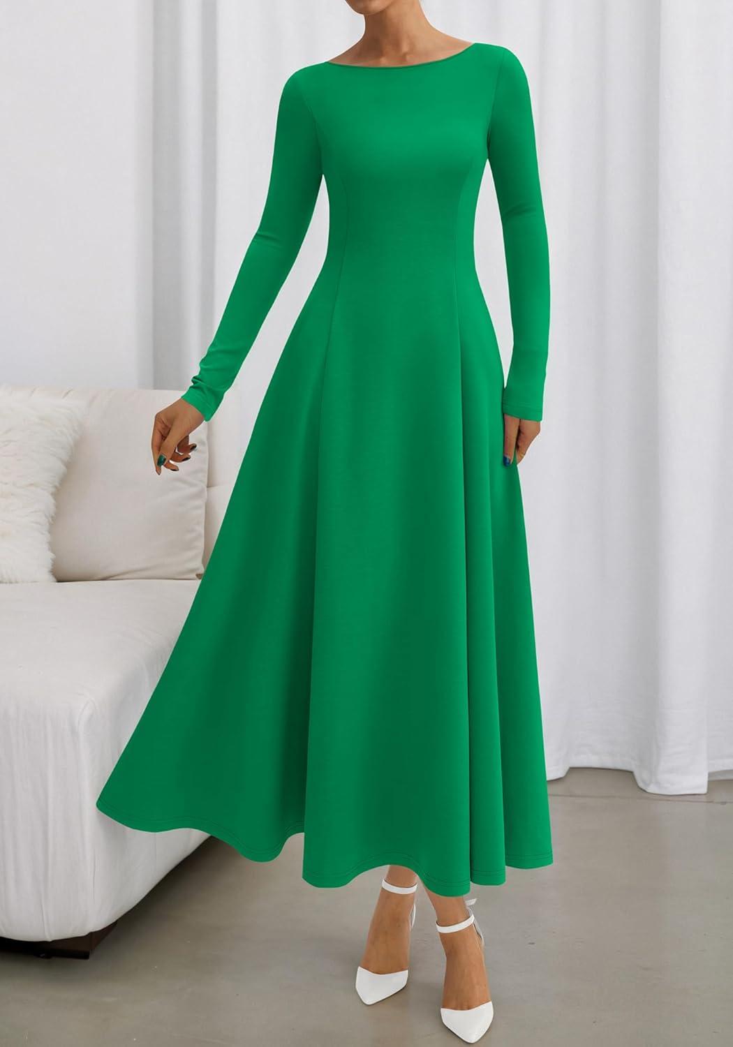 imageBTFBM Fall Dresses for Women 2025 Trendy Boat Neck Long Sleeve A Line Flowy Knit Loose Casual Elegant Party Maxi DressGreen