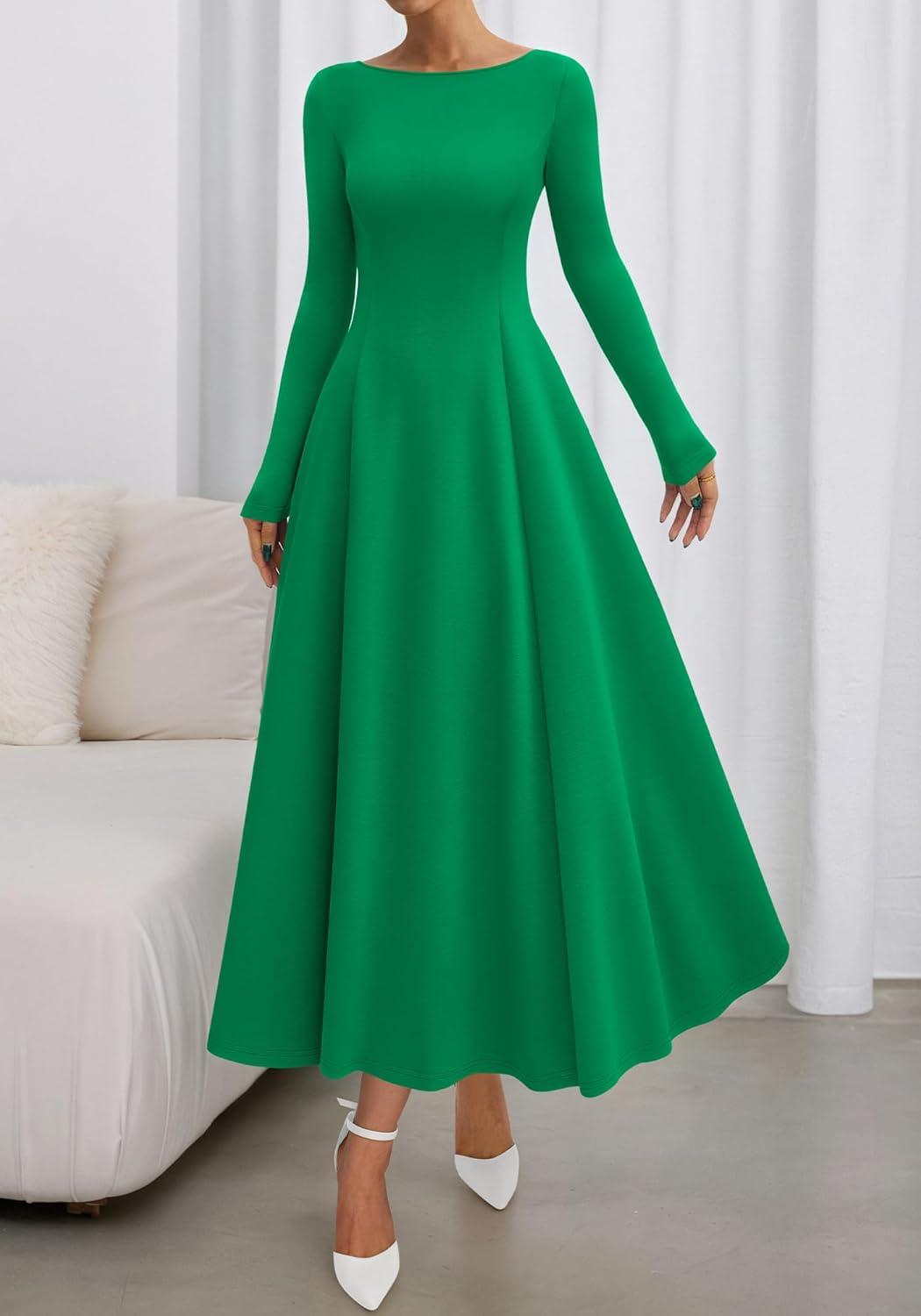 imageBTFBM Fall Dresses for Women 2025 Trendy Boat Neck Long Sleeve A Line Flowy Knit Loose Casual Elegant Party Maxi DressGreen