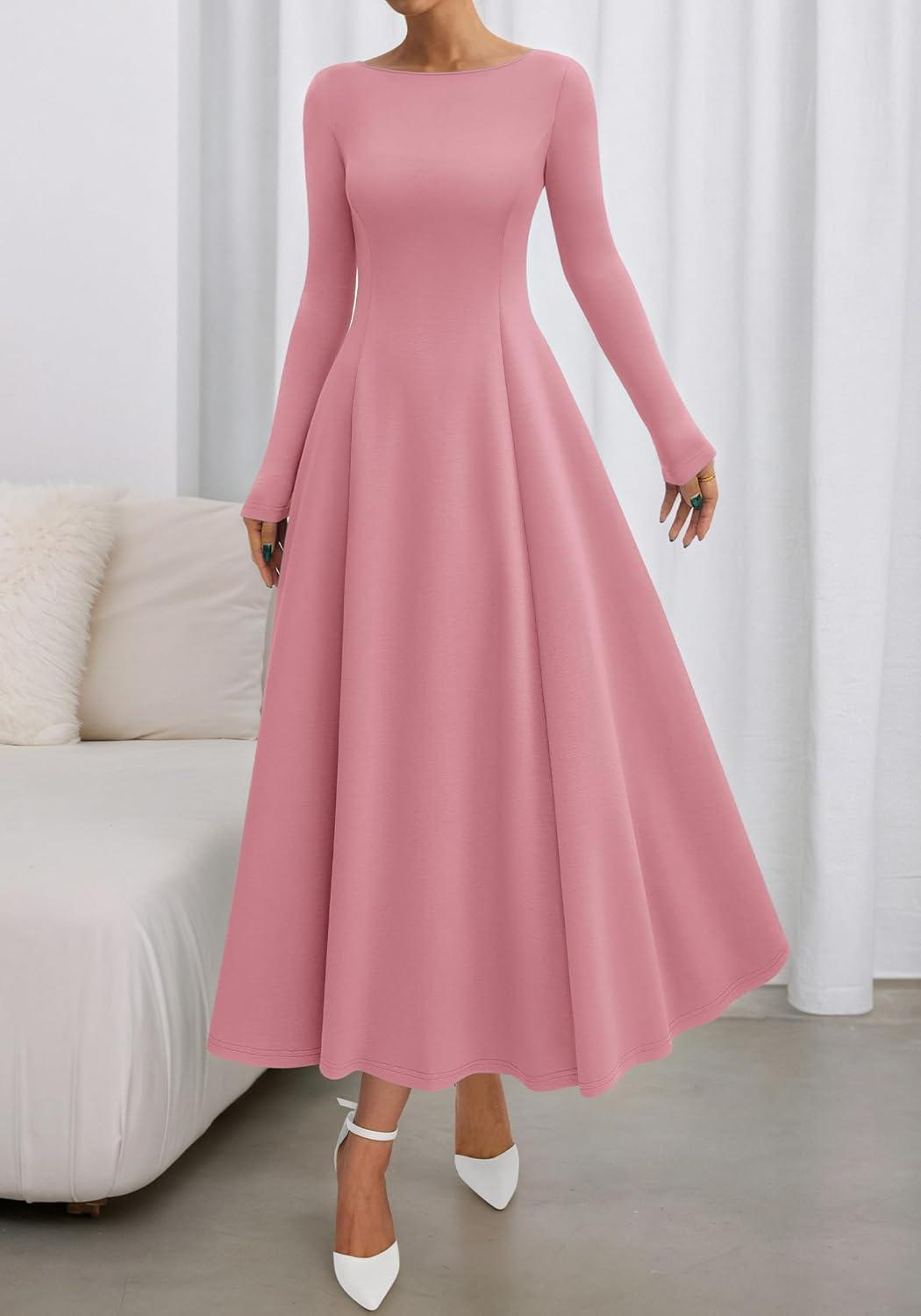 imageBTFBM Fall Dresses for Women 2025 Trendy Boat Neck Long Sleeve A Line Flowy Knit Loose Casual Elegant Party Maxi DressPink
