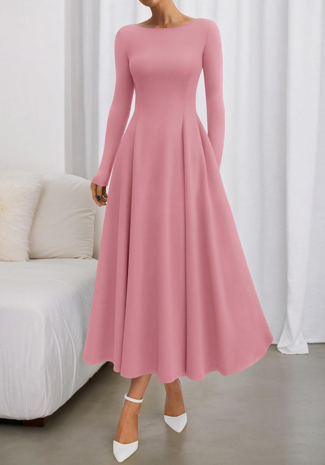 imageBTFBM Fall Dresses for Women 2025 Trendy Boat Neck Long Sleeve A Line Flowy Knit Loose Casual Elegant Party Maxi DressPink
