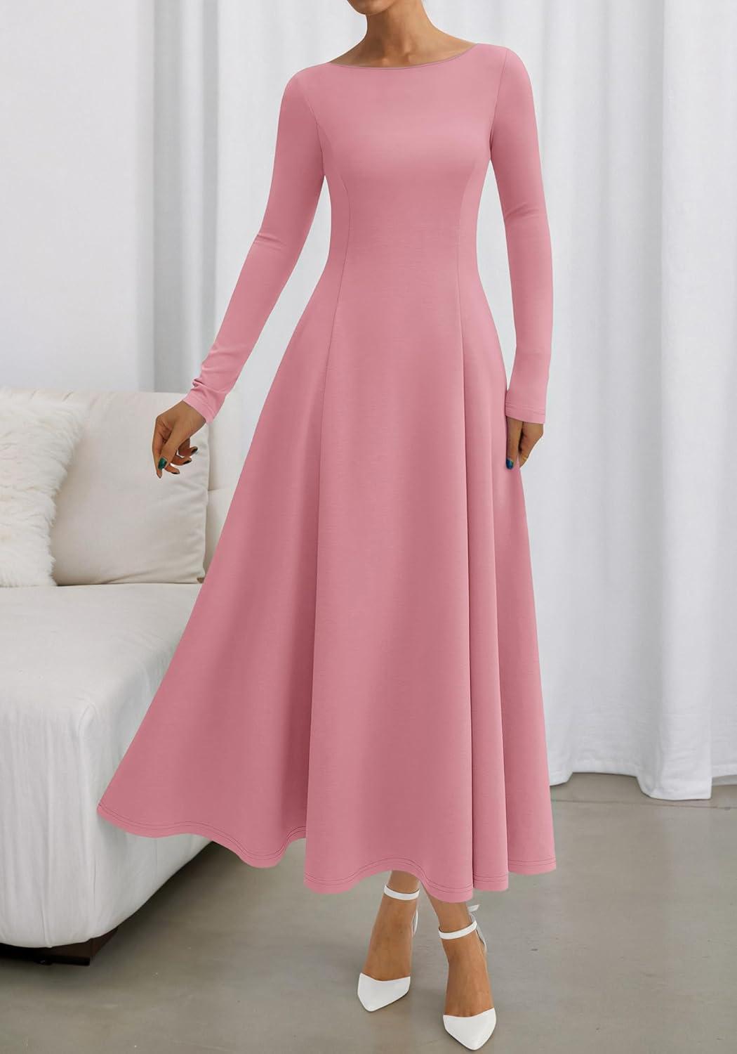 imageBTFBM Fall Dresses for Women 2025 Trendy Boat Neck Long Sleeve A Line Flowy Knit Loose Casual Elegant Party Maxi DressPink