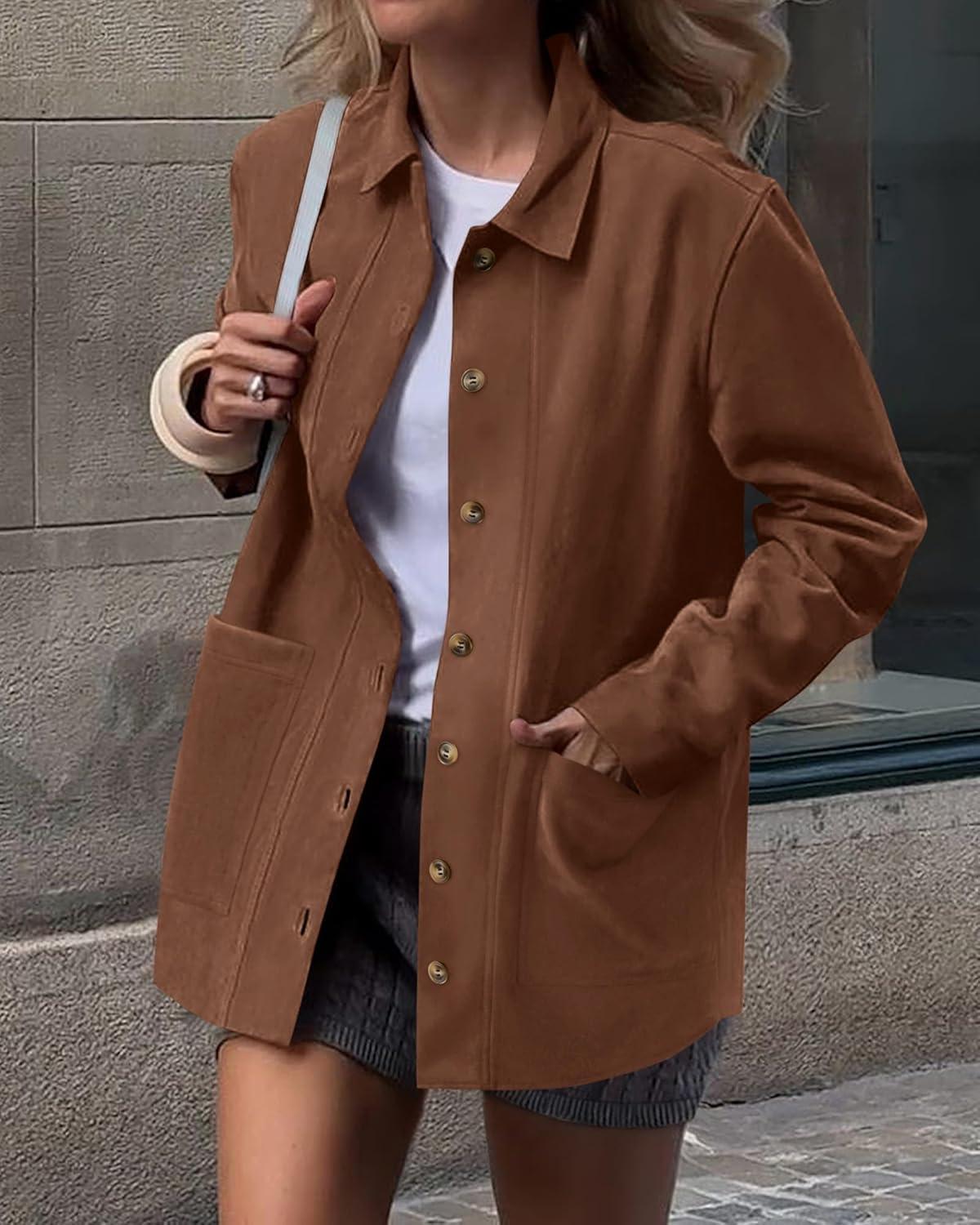 imageBTFBM Faux Suede Jacket Women Fall Fashion 2025 Leather Jackets Long Sleeve Button Down Winter Coats Shackets OuterwearBrown