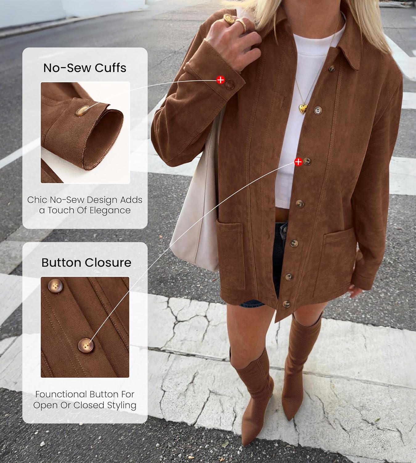 imageBTFBM Faux Suede Jacket Women Fall Fashion 2025 Leather Jackets Long Sleeve Button Down Winter Coats Shackets OuterwearBrown