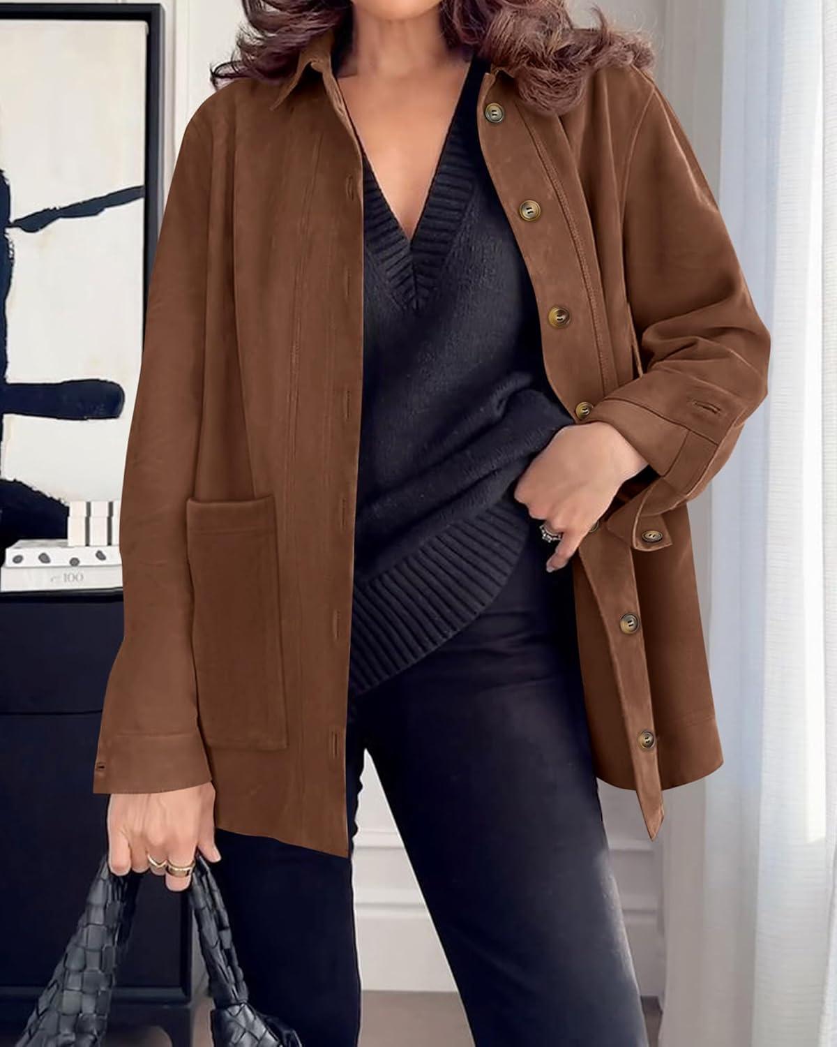 imageBTFBM Faux Suede Jacket Women Fall Fashion 2025 Leather Jackets Long Sleeve Button Down Winter Coats Shackets OuterwearBrown