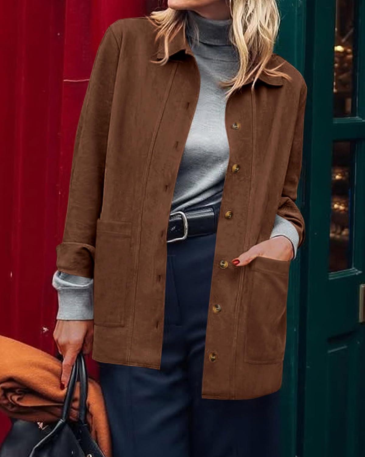 imageBTFBM Faux Suede Jacket Women Fall Fashion 2025 Leather Jackets Long Sleeve Button Down Winter Coats Shackets OuterwearBrown