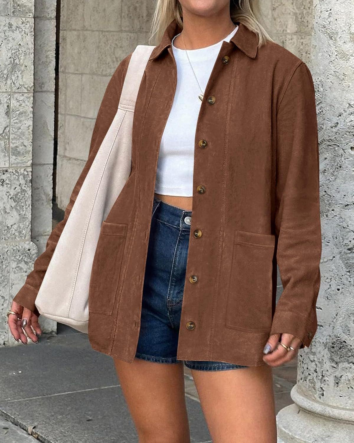 imageBTFBM Faux Suede Jacket Women Fall Fashion 2025 Leather Jackets Long Sleeve Button Down Winter Coats Shackets OuterwearBrown