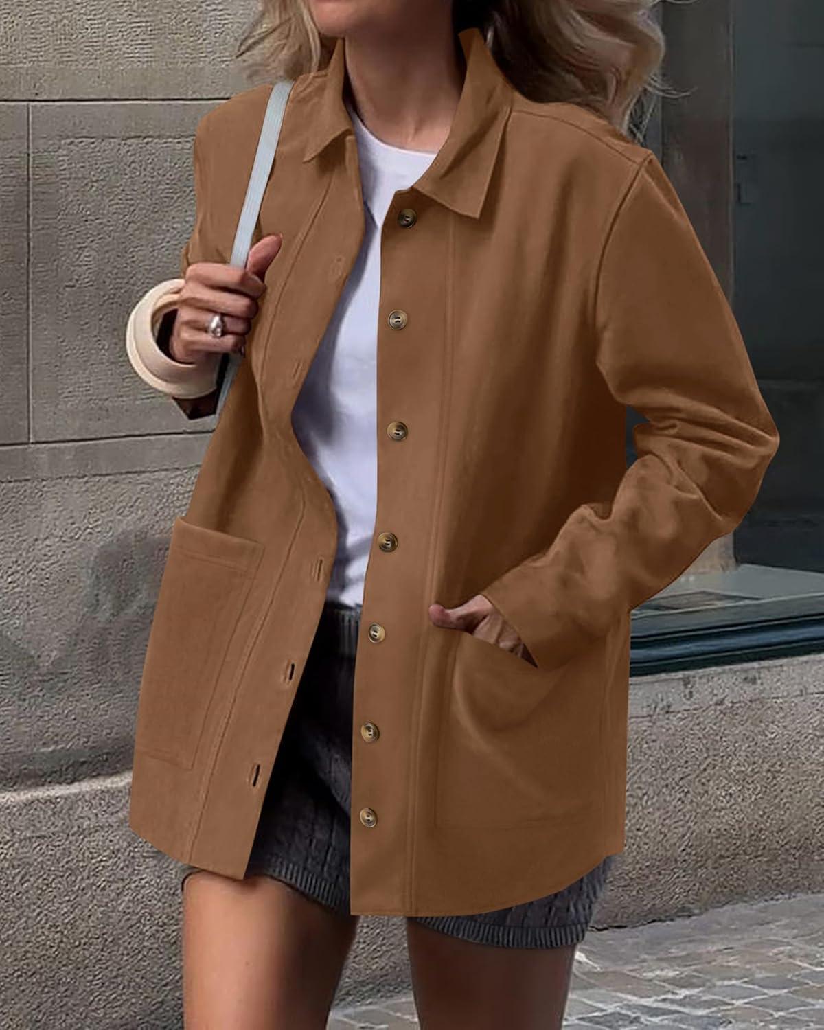 imageBTFBM Faux Suede Jacket Women Fall Fashion 2025 Leather Jackets Long Sleeve Button Down Winter Coats Shackets OuterwearCamel