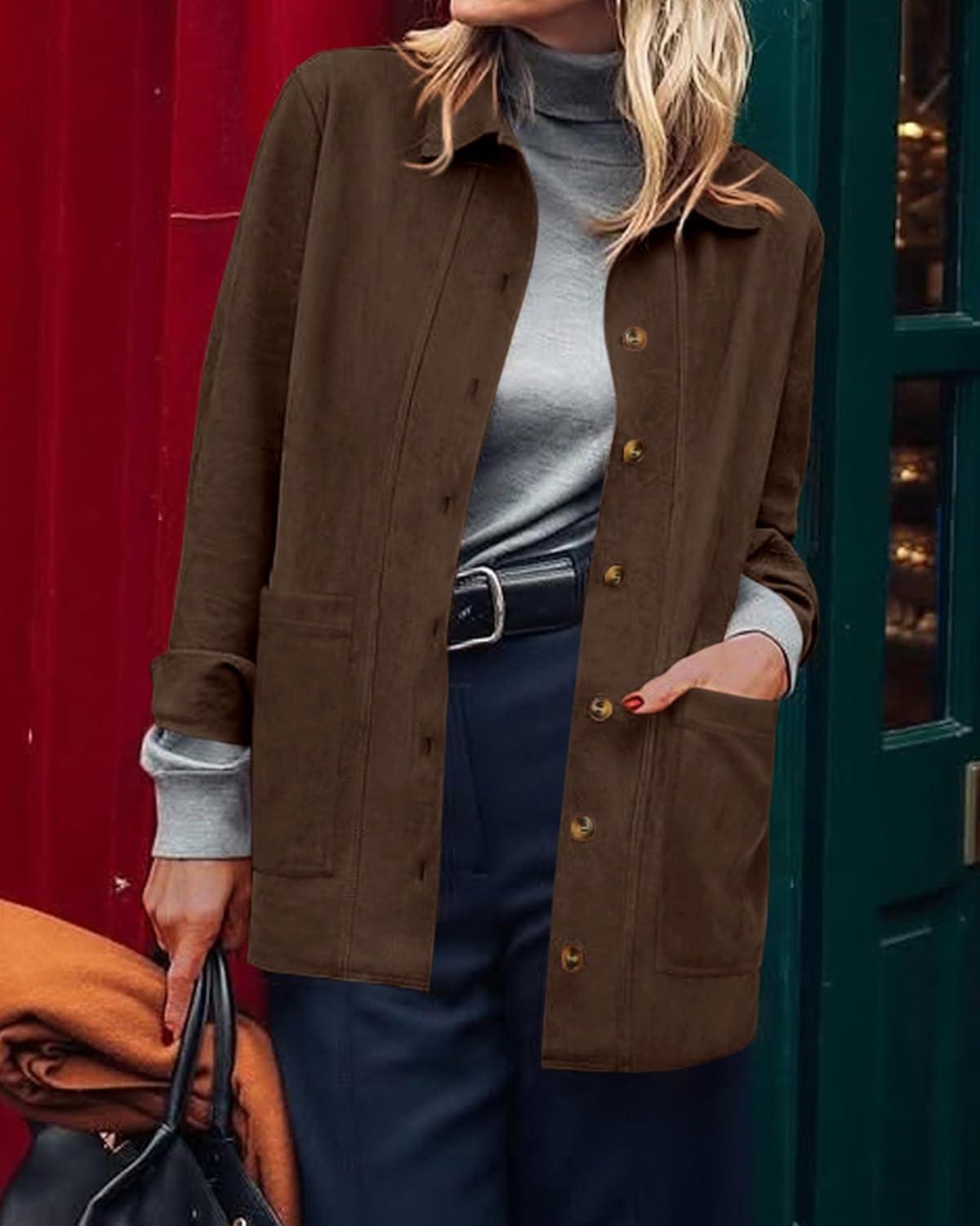 imageBTFBM Faux Suede Jacket Women Fall Fashion 2025 Leather Jackets Long Sleeve Button Down Winter Coats Shackets OuterwearDark Brown