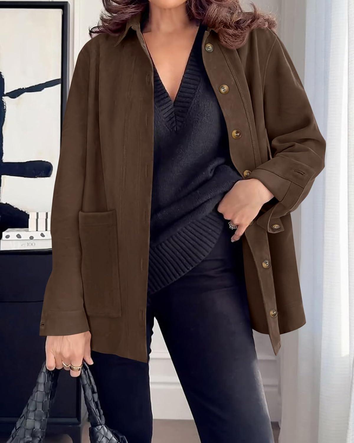 imageBTFBM Faux Suede Jacket Women Fall Fashion 2025 Leather Jackets Long Sleeve Button Down Winter Coats Shackets OuterwearDark Brown