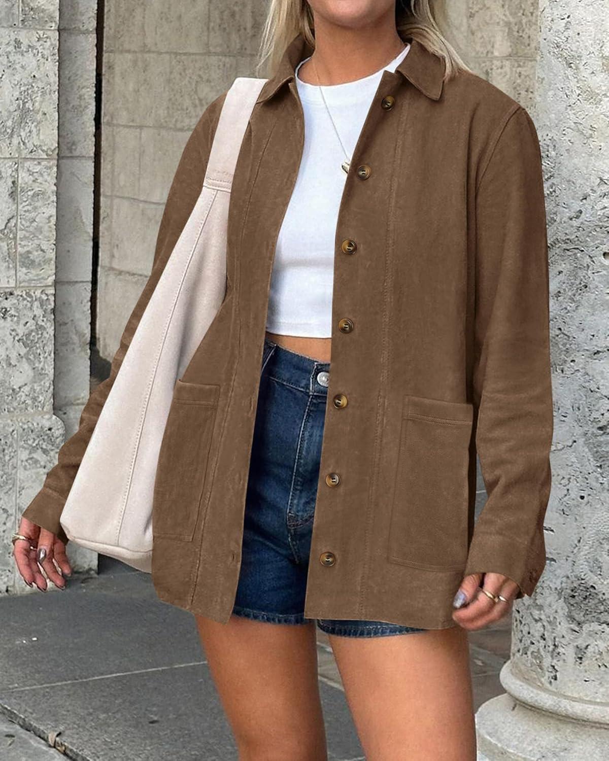 imageBTFBM Faux Suede Jacket Women Fall Fashion 2025 Leather Jackets Long Sleeve Button Down Winter Coats Shackets OuterwearLight Brown
