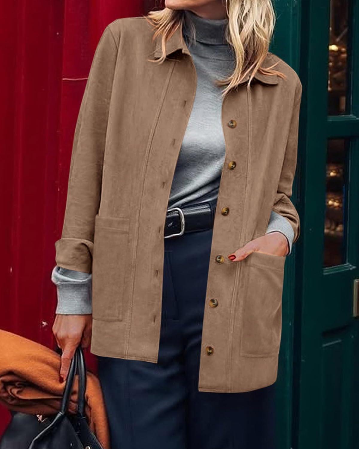 imageBTFBM Faux Suede Jacket Women Fall Fashion 2025 Leather Jackets Long Sleeve Button Down Winter Coats Shackets OuterwearLight Khaki