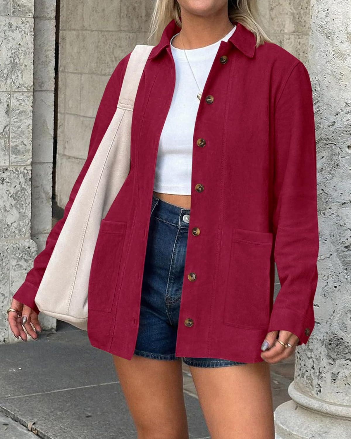 imageBTFBM Faux Suede Jacket Women Fall Fashion 2025 Leather Jackets Long Sleeve Button Down Winter Coats Shackets OuterwearRed