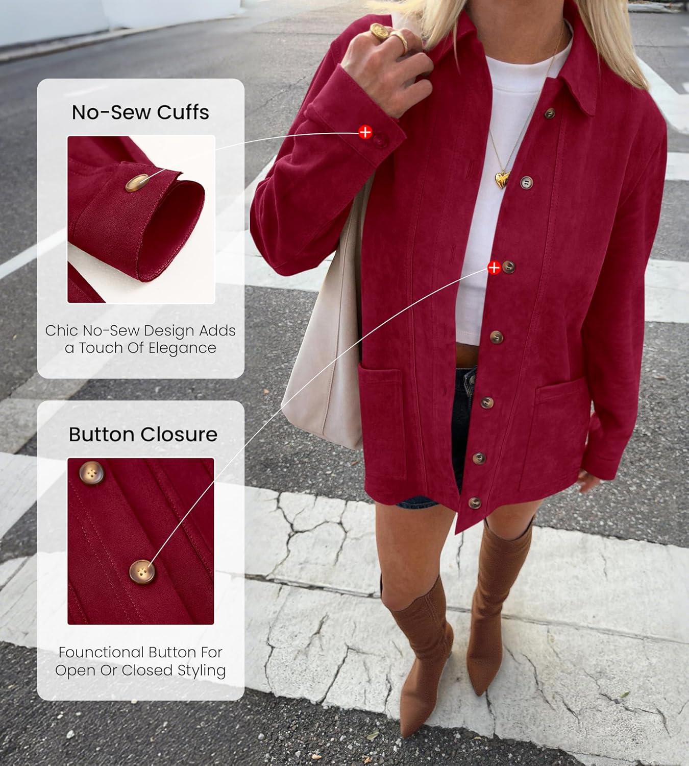 imageBTFBM Faux Suede Jacket Women Fall Fashion 2025 Leather Jackets Long Sleeve Button Down Winter Coats Shackets OuterwearRed