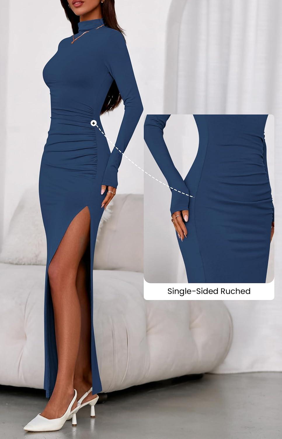imageBTFBM Formal Dresses for Women 2026 Spring Long Sleeve Mock Neck Ruched Bodycon Slit Maxi Wedding Guest Dress CocktailDark Blue