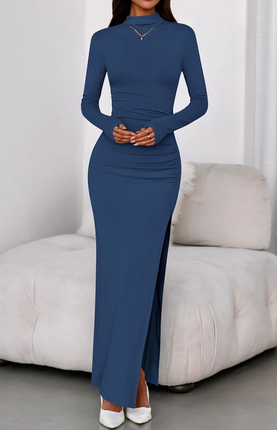 imageBTFBM Formal Dresses for Women 2026 Spring Long Sleeve Mock Neck Ruched Bodycon Slit Maxi Wedding Guest Dress CocktailDark Blue