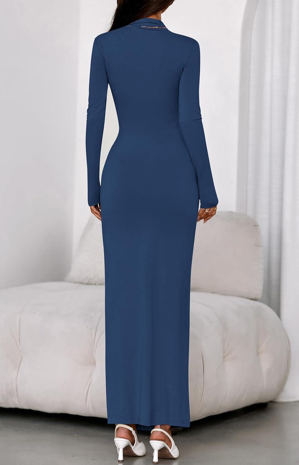 imageBTFBM Formal Dresses for Women 2026 Spring Long Sleeve Mock Neck Ruched Bodycon Slit Maxi Wedding Guest Dress CocktailDark Blue