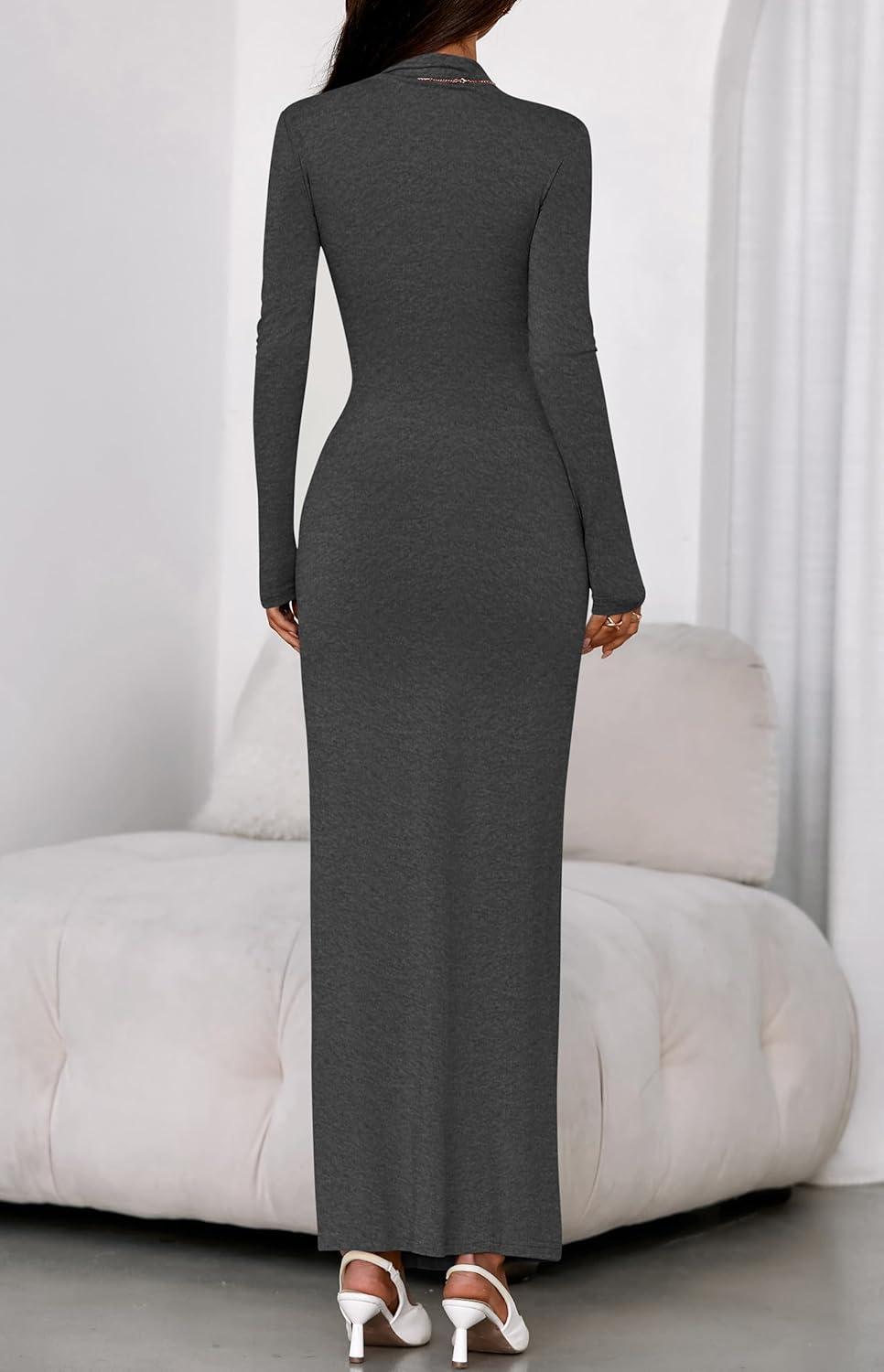 imageBTFBM Formal Dresses for Women 2026 Spring Long Sleeve Mock Neck Ruched Bodycon Slit Maxi Wedding Guest Dress CocktailDark Grey