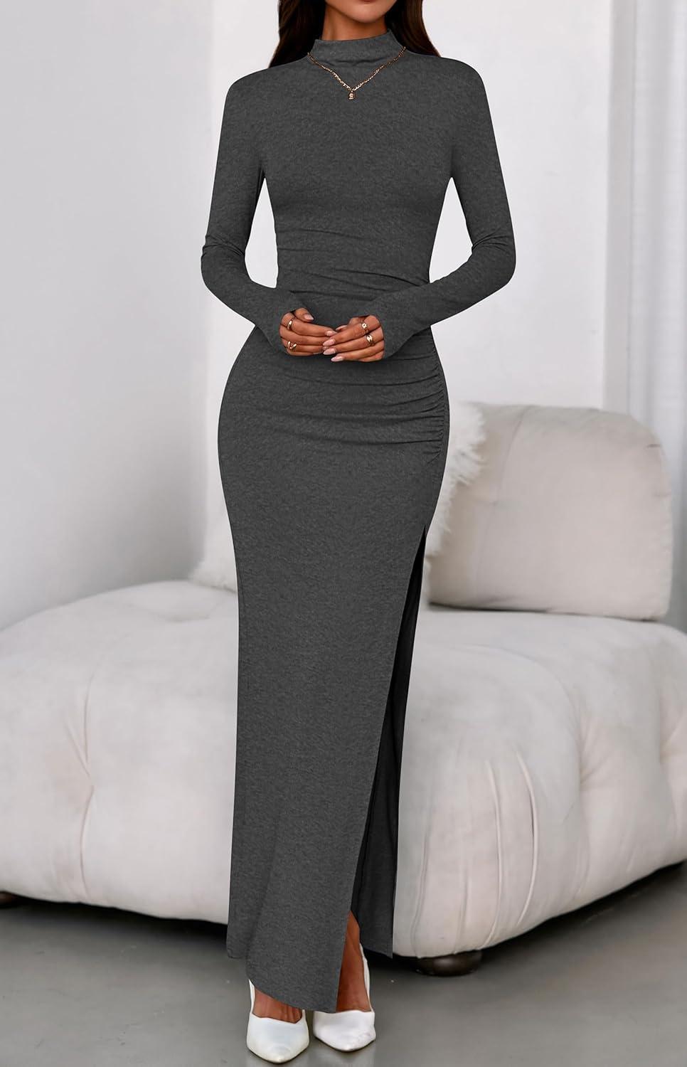 imageBTFBM Formal Dresses for Women 2026 Spring Long Sleeve Mock Neck Ruched Bodycon Slit Maxi Wedding Guest Dress CocktailDark Grey