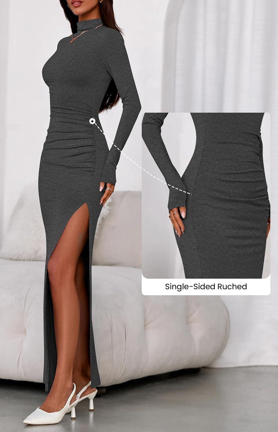 imageBTFBM Formal Dresses for Women 2026 Spring Long Sleeve Mock Neck Ruched Bodycon Slit Maxi Wedding Guest Dress CocktailDark Grey