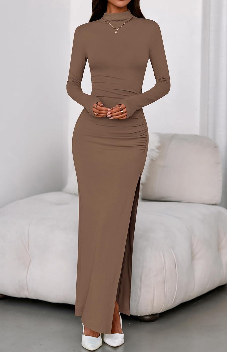 imageBTFBM Formal Dresses for Women 2026 Spring Long Sleeve Mock Neck Ruched Bodycon Slit Maxi Wedding Guest Dress CocktailKhaki