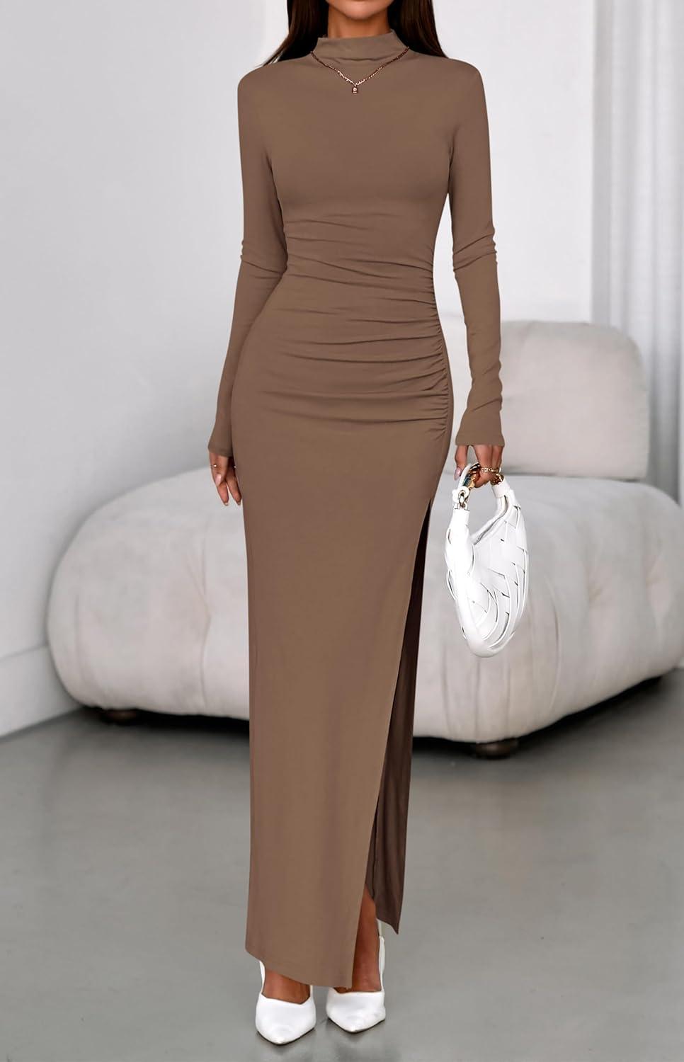 imageBTFBM Formal Dresses for Women 2026 Spring Long Sleeve Mock Neck Ruched Bodycon Slit Maxi Wedding Guest Dress CocktailKhaki