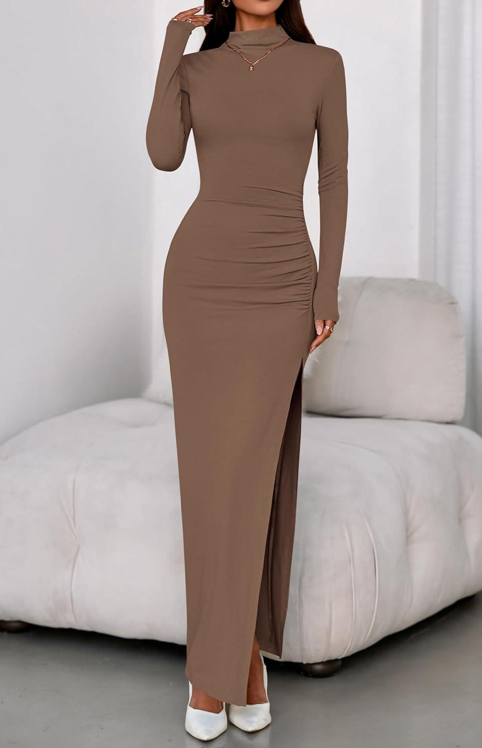 imageBTFBM Formal Dresses for Women 2026 Spring Long Sleeve Mock Neck Ruched Bodycon Slit Maxi Wedding Guest Dress CocktailKhaki