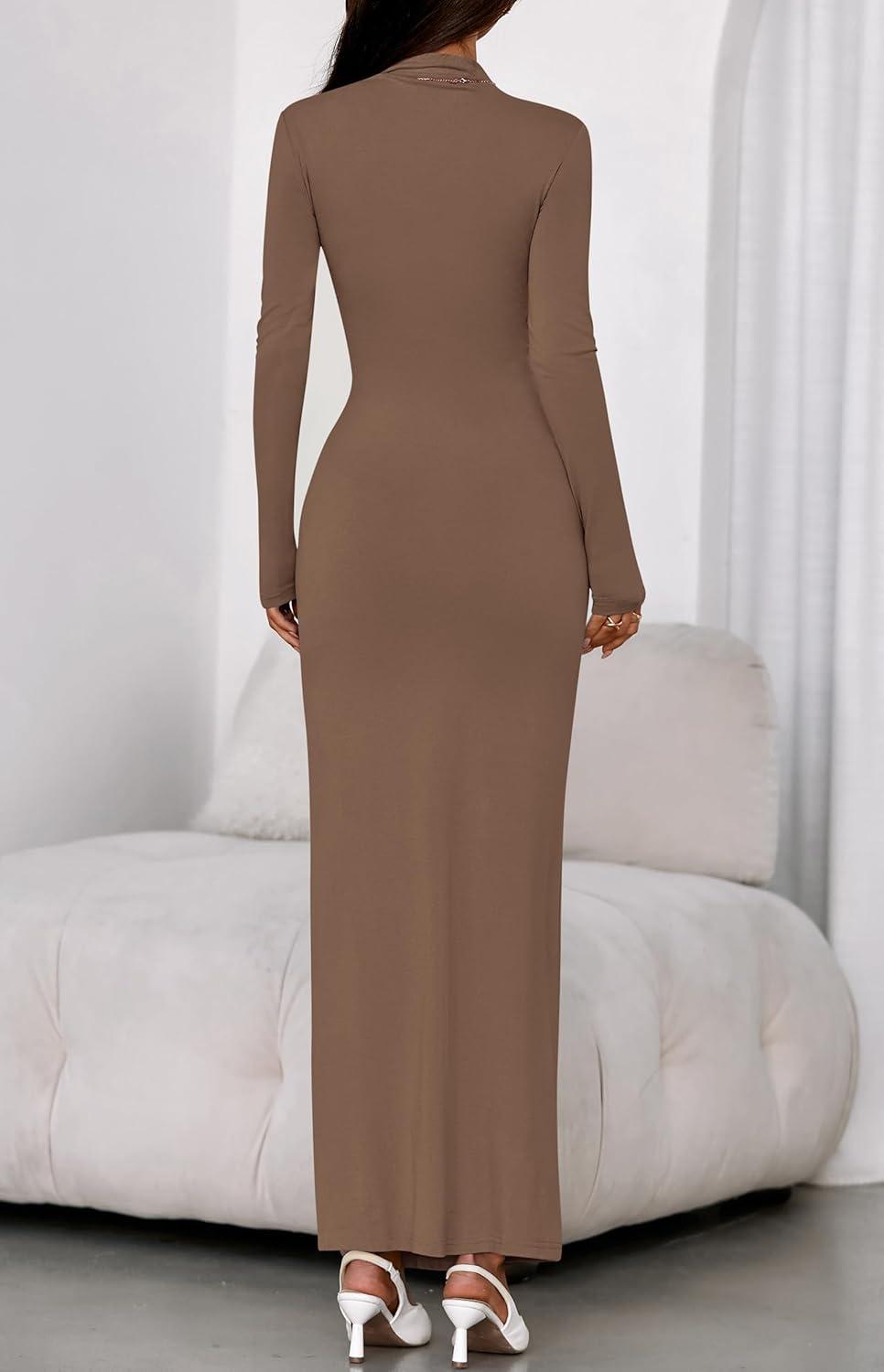 imageBTFBM Formal Dresses for Women 2026 Spring Long Sleeve Mock Neck Ruched Bodycon Slit Maxi Wedding Guest Dress CocktailKhaki