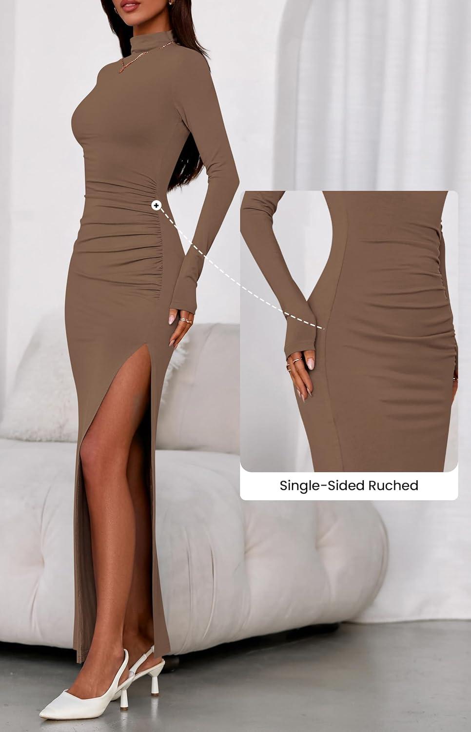 imageBTFBM Formal Dresses for Women 2026 Spring Long Sleeve Mock Neck Ruched Bodycon Slit Maxi Wedding Guest Dress CocktailKhaki