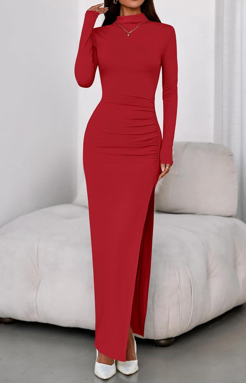 imageBTFBM Formal Dresses for Women 2026 Spring Long Sleeve Mock Neck Ruched Bodycon Slit Maxi Wedding Guest Dress CocktailRed