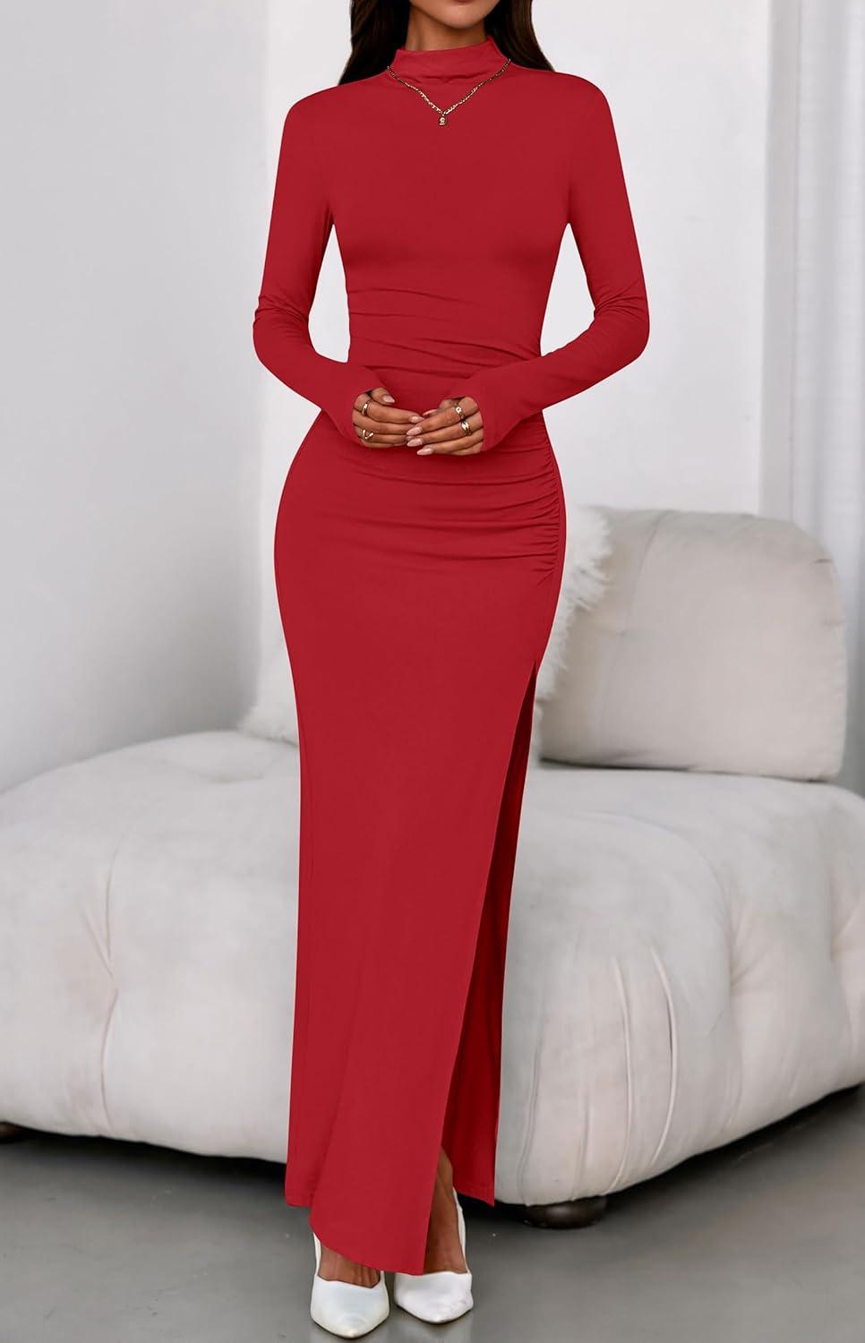imageBTFBM Formal Dresses for Women 2026 Spring Long Sleeve Mock Neck Ruched Bodycon Slit Maxi Wedding Guest Dress CocktailRed