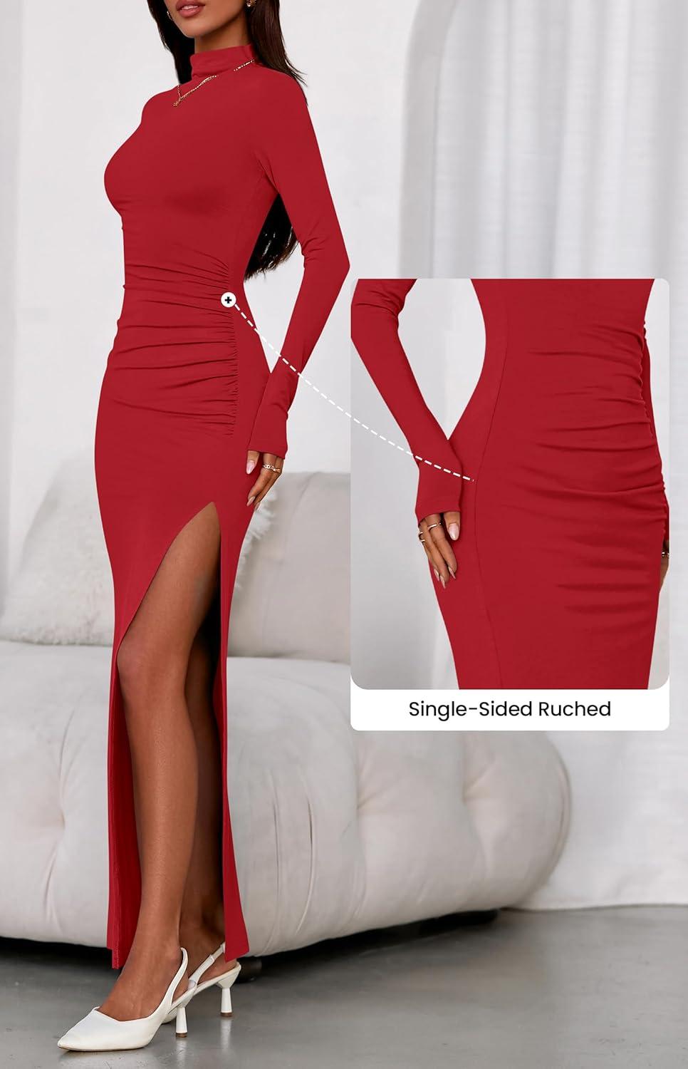 imageBTFBM Formal Dresses for Women 2026 Spring Long Sleeve Mock Neck Ruched Bodycon Slit Maxi Wedding Guest Dress CocktailRed