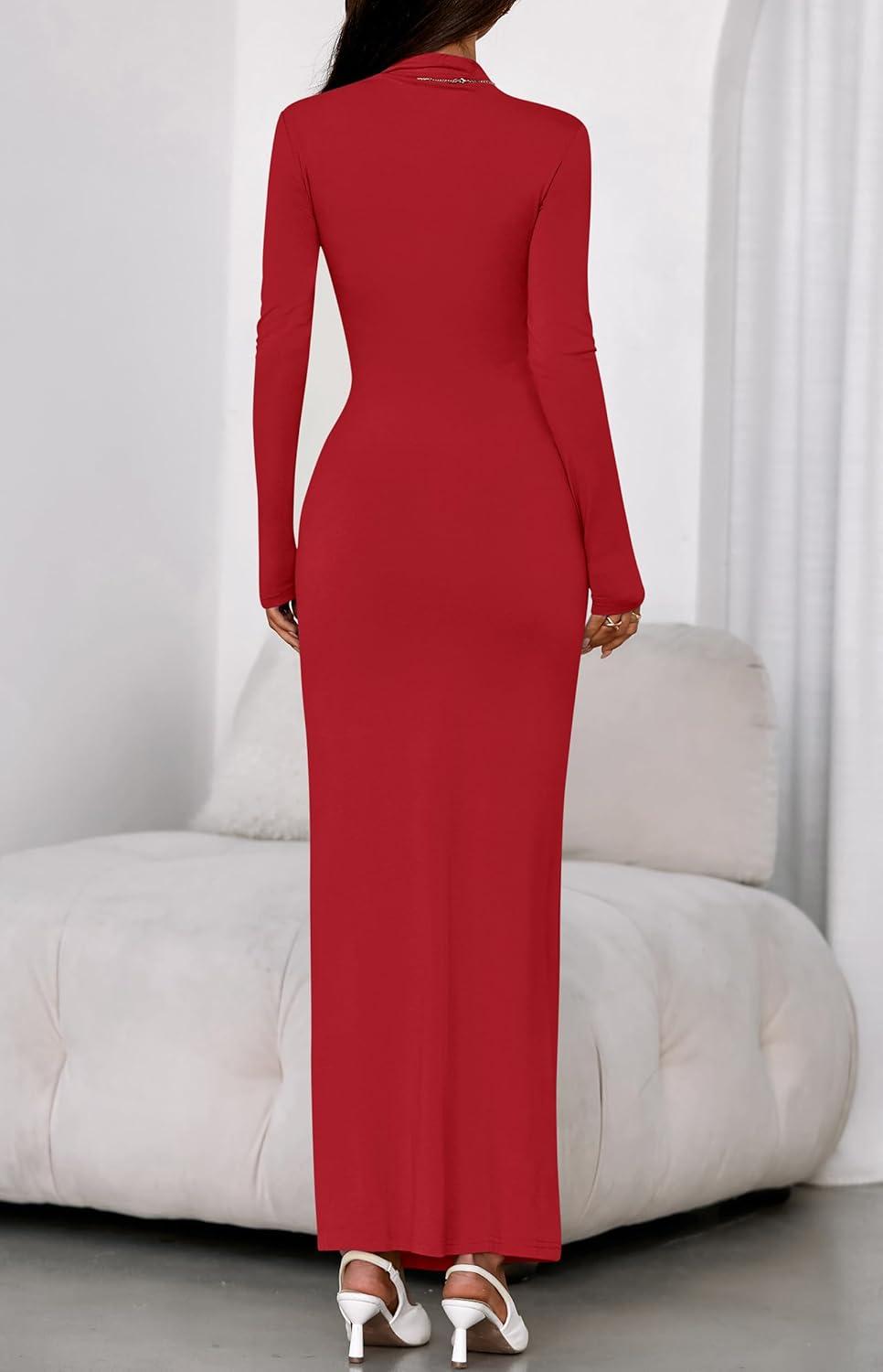 imageBTFBM Formal Dresses for Women 2026 Spring Long Sleeve Mock Neck Ruched Bodycon Slit Maxi Wedding Guest Dress CocktailRed