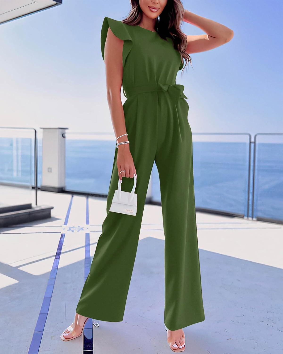 imageBTFBM Jumpsuits For Women 2026 Crew Neck Dressy Cap Sleeve Belted High Waist Wide Leg Romper One Piece Casual Outfits PocketsArmy Green