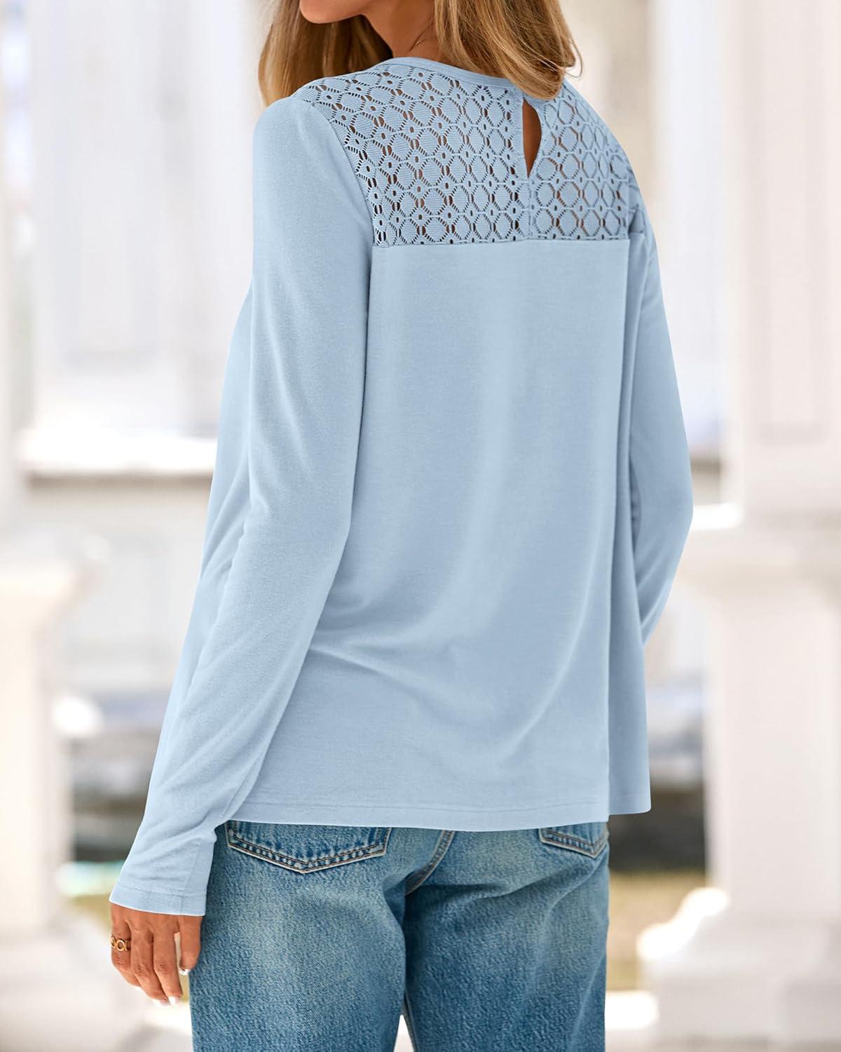 imageBTFBM Lace Long Sleeve Shirts Womens Tops Dressy Casual Knit Boho Lightweight Blouses Winter Clothing Fall FashionLight Blue