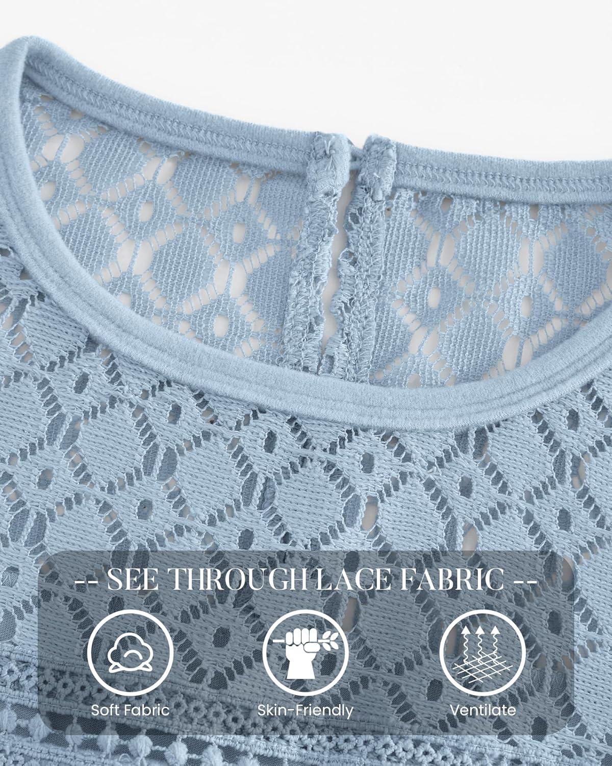imageBTFBM Lace Long Sleeve Shirts Womens Tops Dressy Casual Knit Boho Lightweight Blouses Winter Clothing Fall FashionLight Blue
