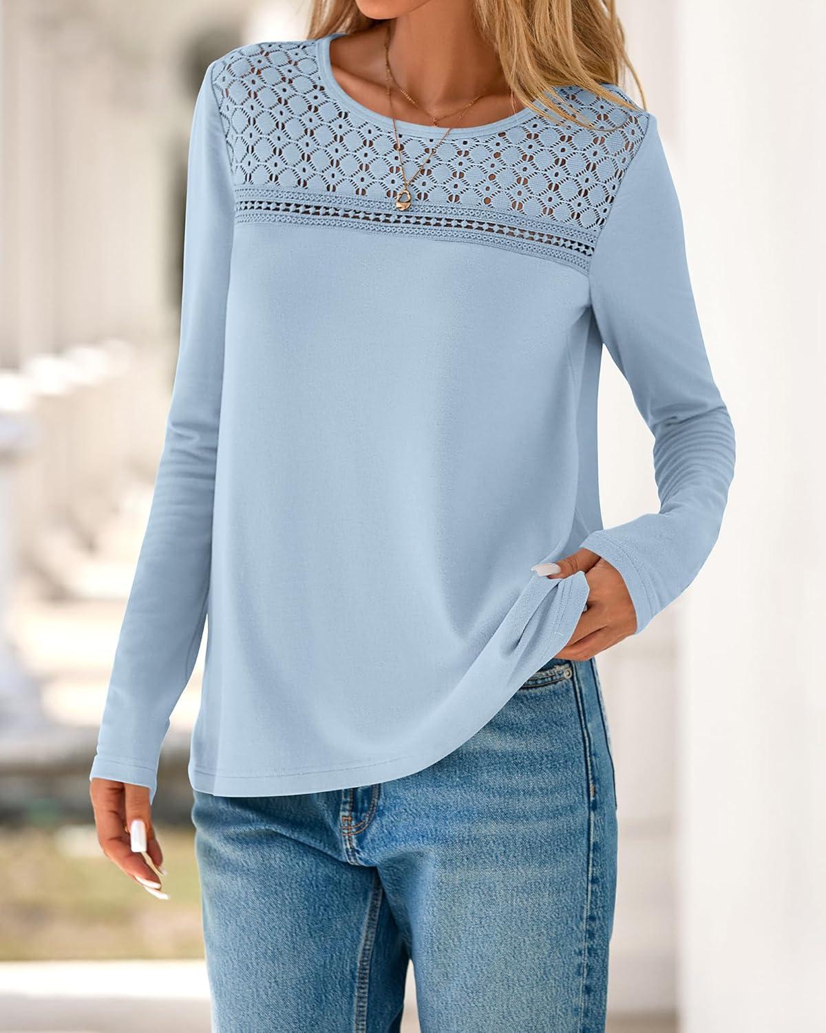 imageBTFBM Lace Long Sleeve Shirts Womens Tops Dressy Casual Knit Boho Lightweight Blouses Winter Clothing Fall FashionLight Blue