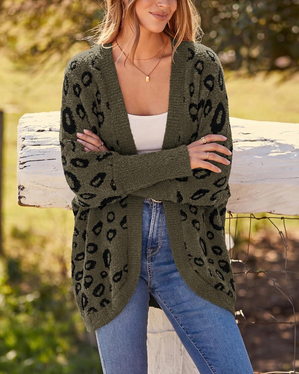 imageBTFBM Leopard Cardigan for Women Long Sleeve Open Front Cardigans Sweaters Pockets Loose Knit 2025 Fall Winter OutwearArmy Green
