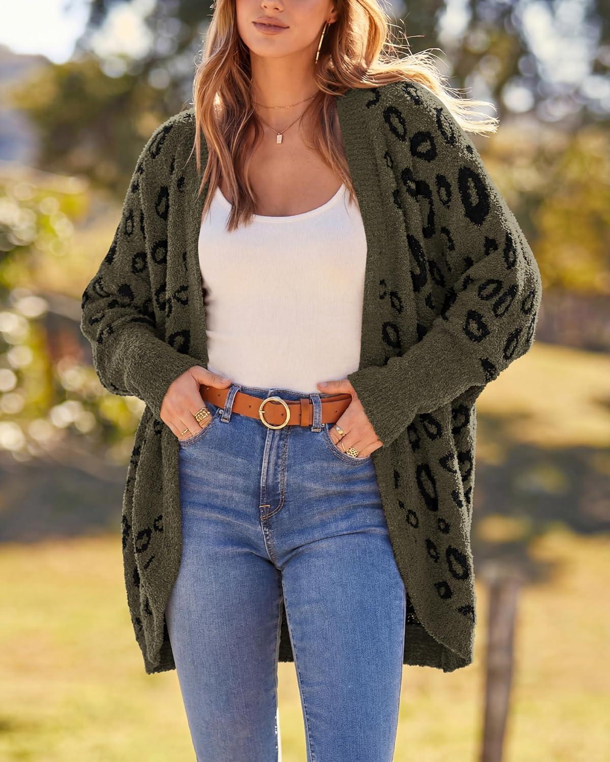 imageBTFBM Leopard Cardigan for Women Long Sleeve Open Front Cardigans Sweaters Pockets Loose Knit 2025 Fall Winter OutwearArmy Green